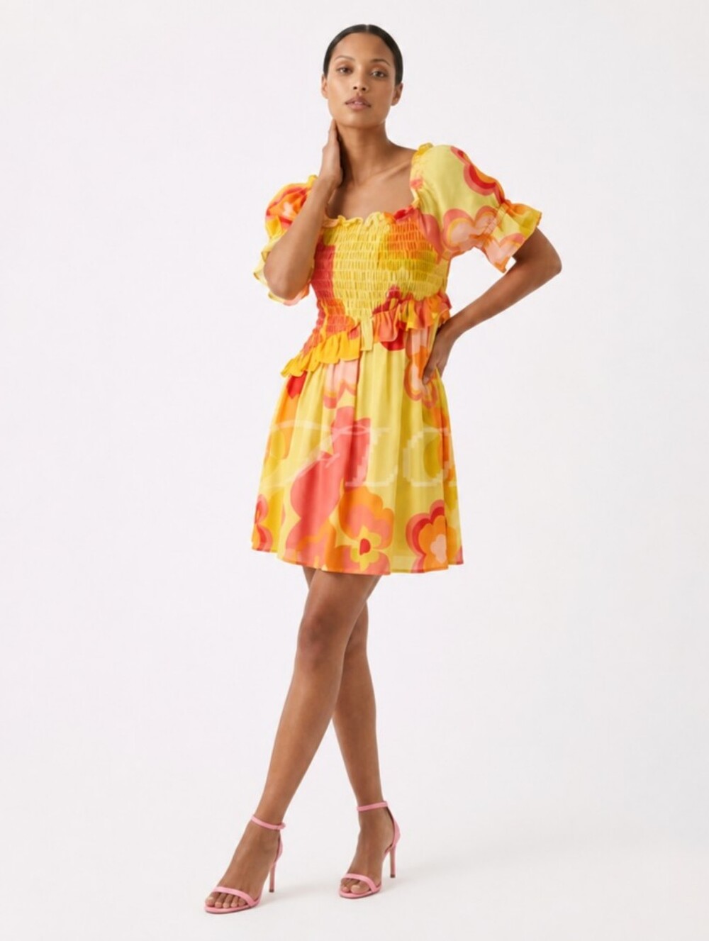 SABO Jaden Smocked Mini Dress in Yellow Floral Size 10